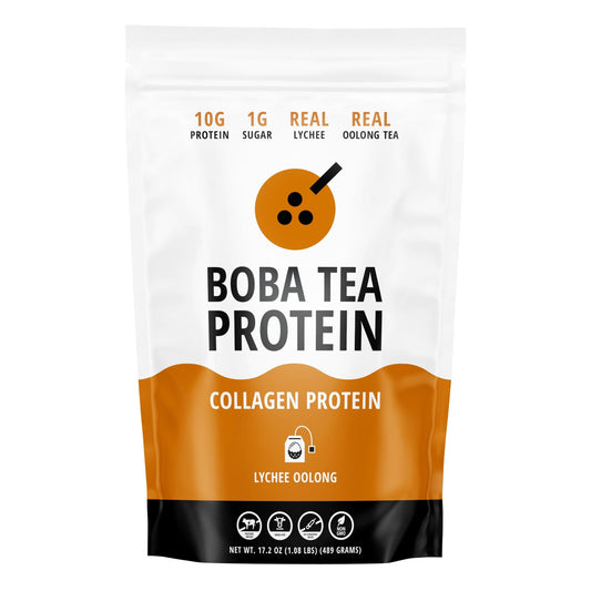 Jar of Boba Tea Protein Lychee Oolong Collagen powder