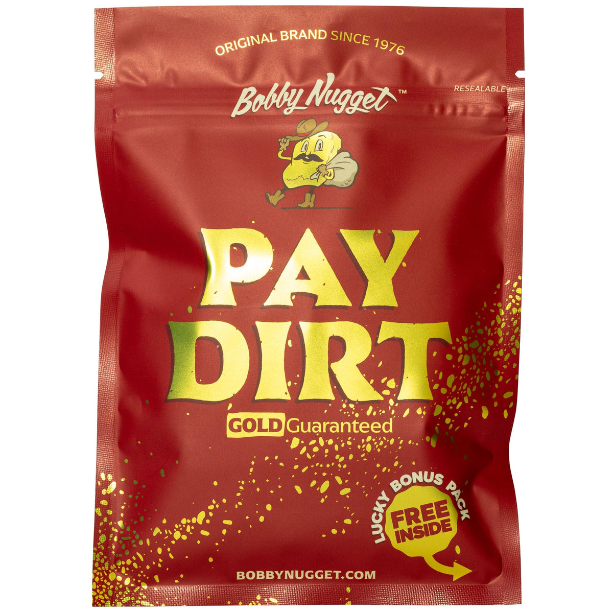 Bobby Nugget Gold Paydirt bag sealed and ready for panning with visible gold flakes