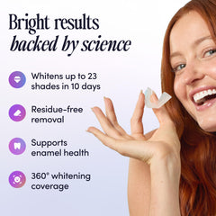 Hands applying Boca Bella whitening strip to teeth