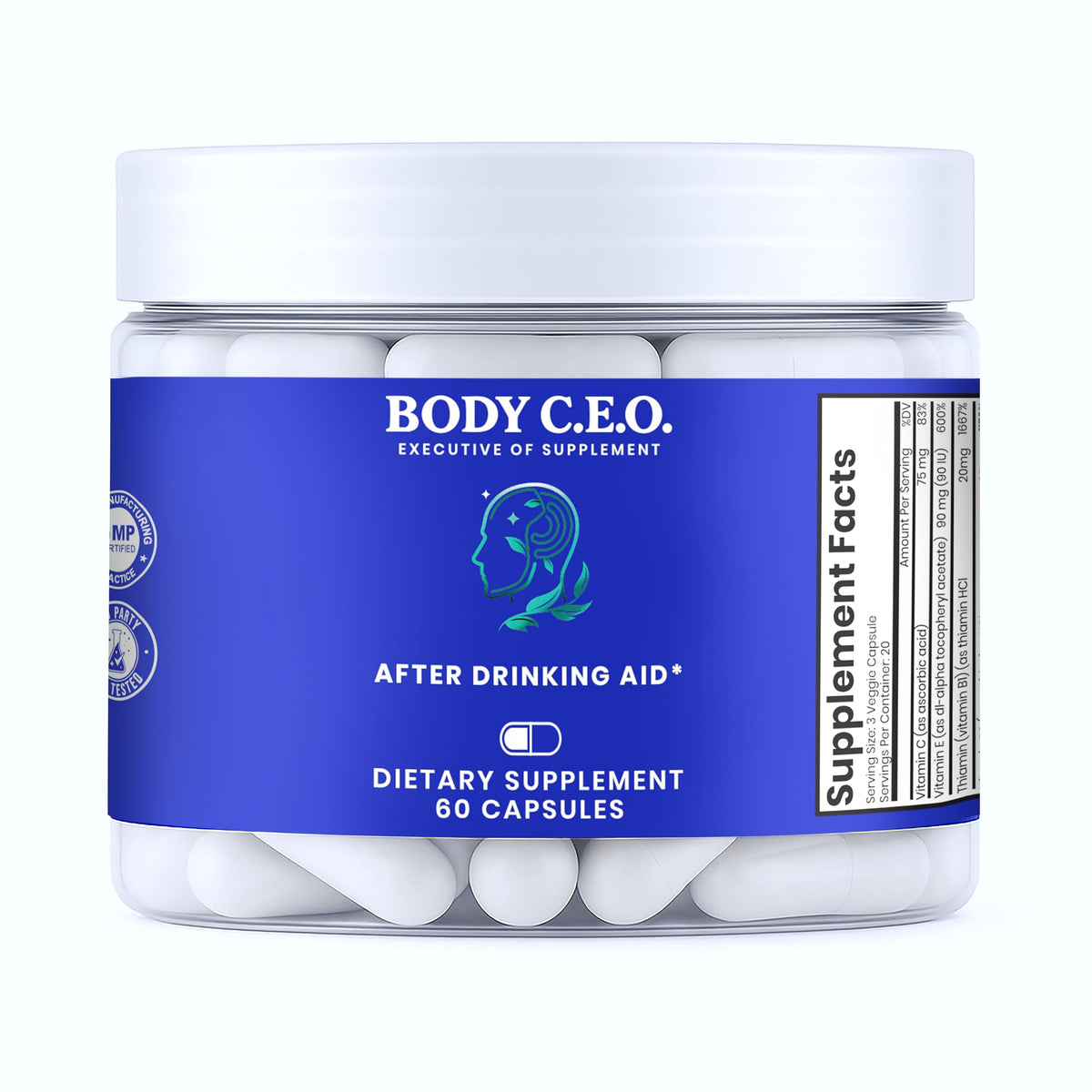 Body C.E.O. After Drinking Aid bottle cap shows sealed freshness for on-the-go use.