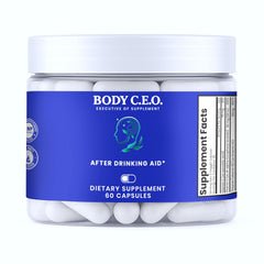 Body C.E.O. After Drinking Aid bottle cap shows sealed freshness for on-the-go use.