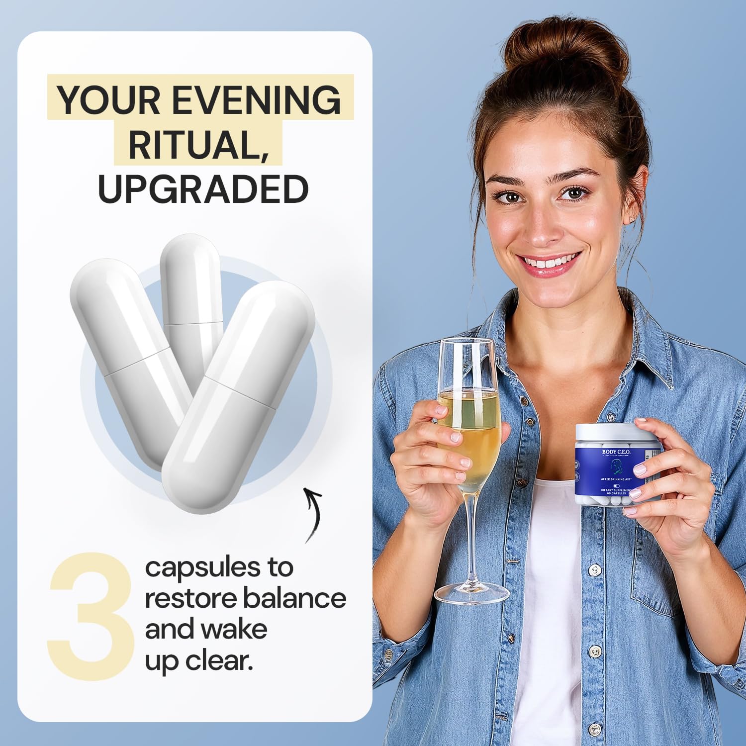 Body C.E.O. After Drinking Aid ingredients icons highlight natural components and DHM.