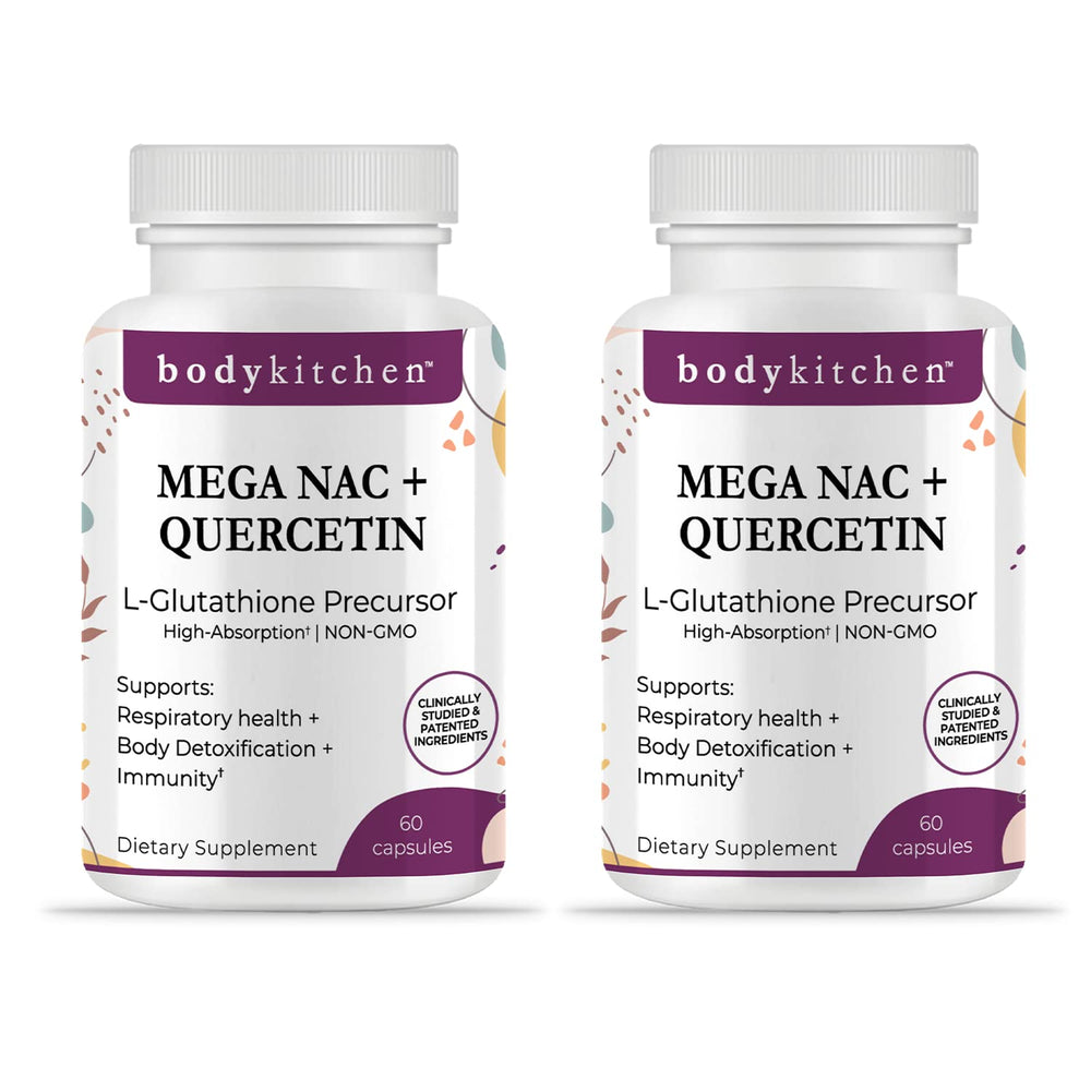 Body Kitchen Mega NAC bottle front shows 600 mg NAC and quercetin for immune support.
