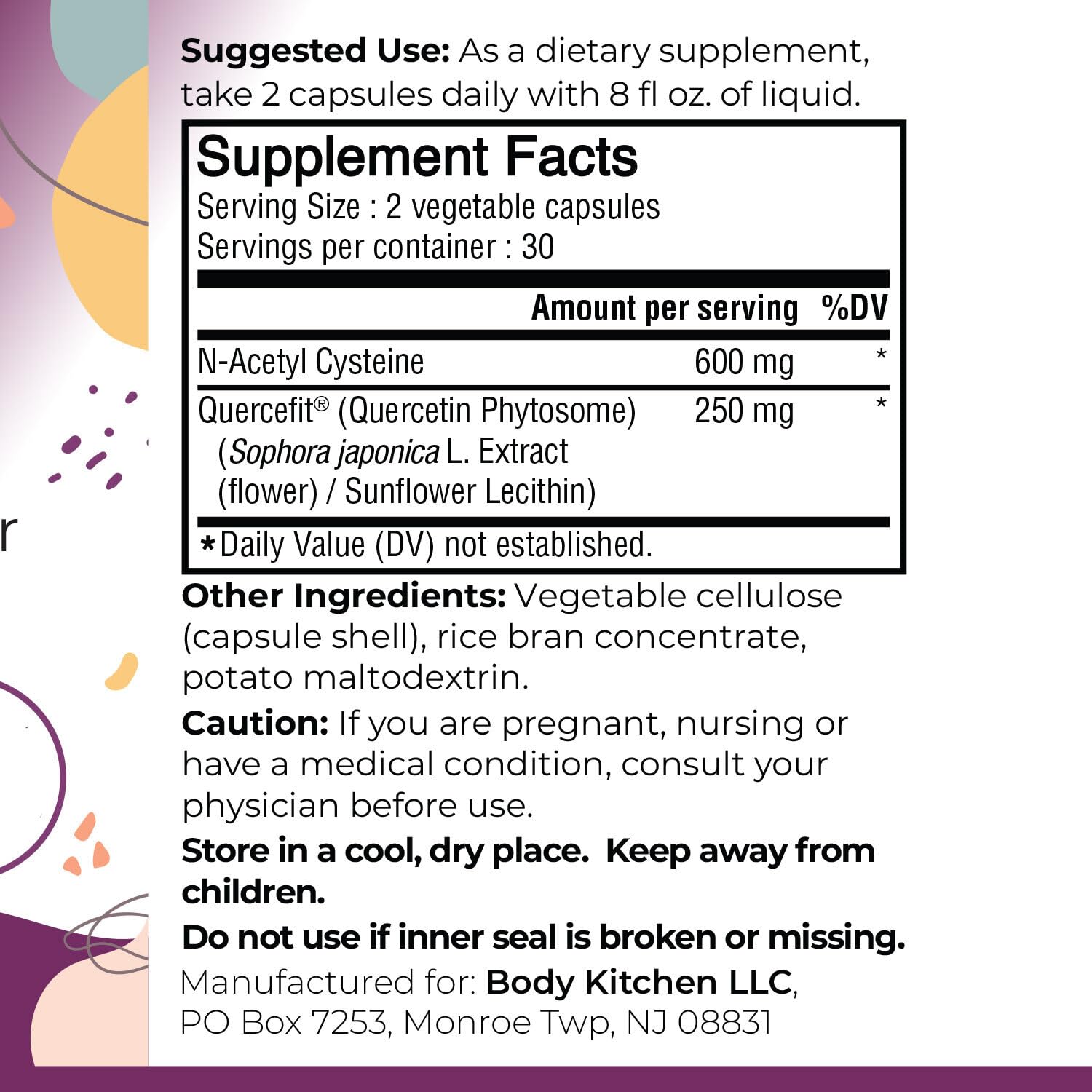 Body Kitchen Mega NAC with quercetin label highlights detox-friendly ingredients for overall wellness.