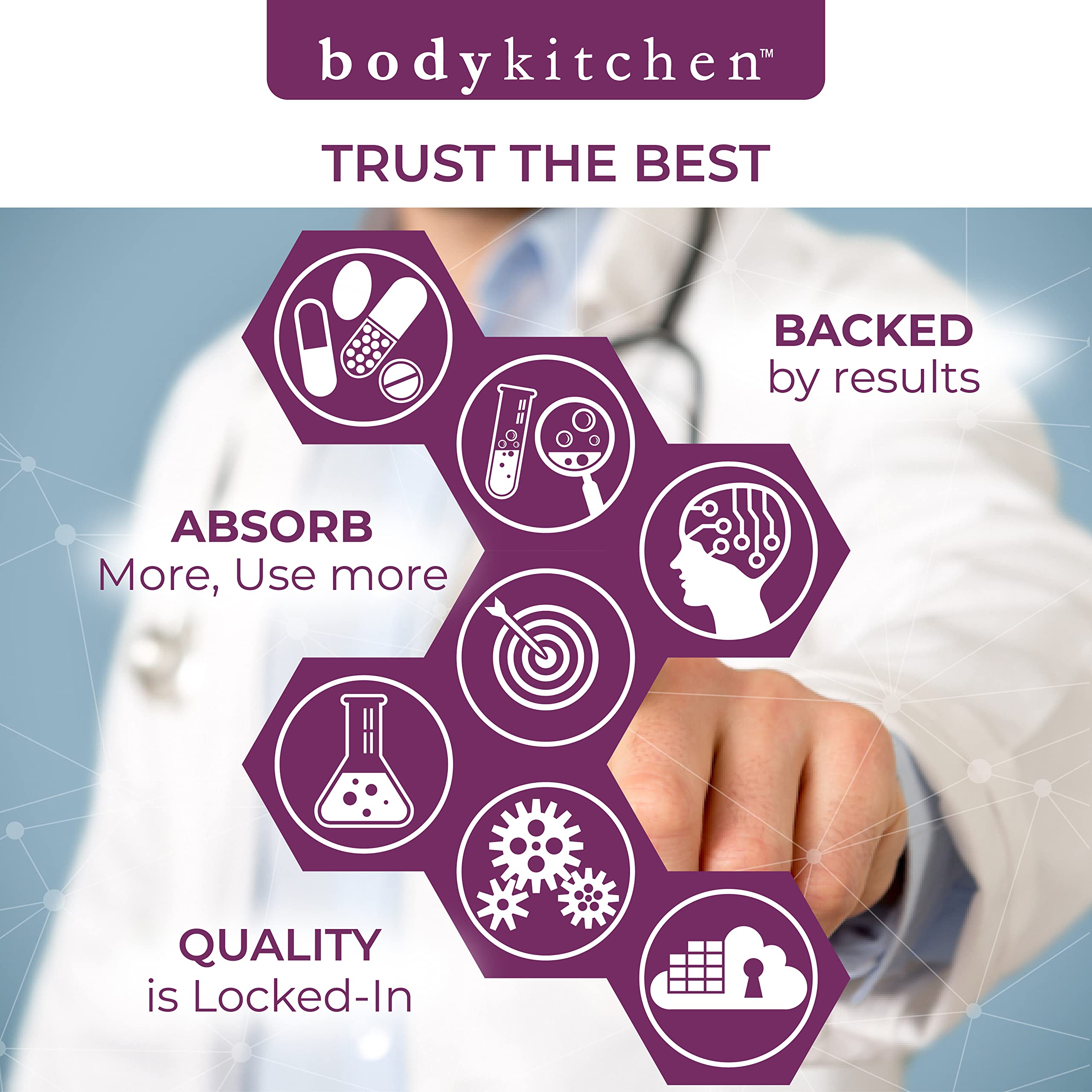 Body Kitchen Mega NAC veggie caps align with clean plant-based supplement aesthetics.