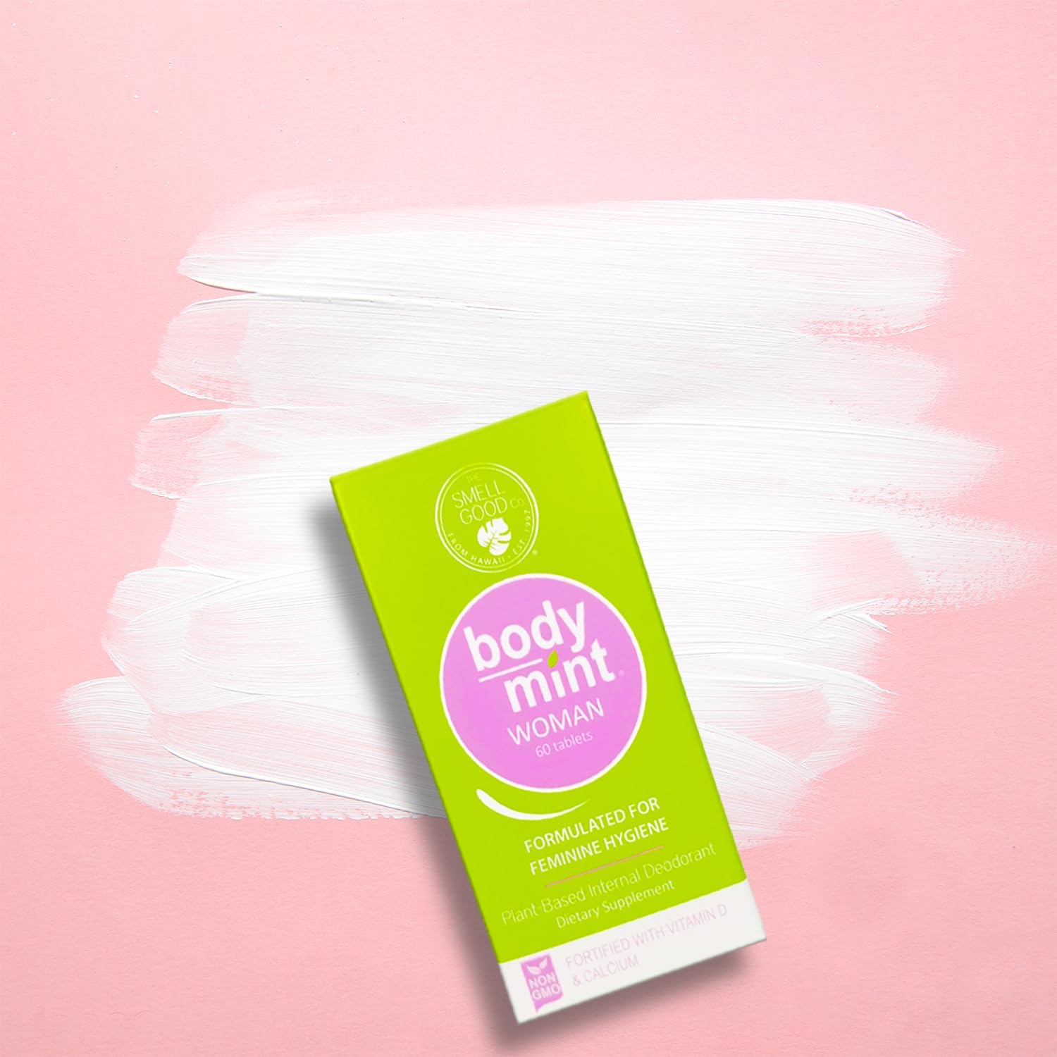 Close-up of Body Mint Woman tablets in bottle