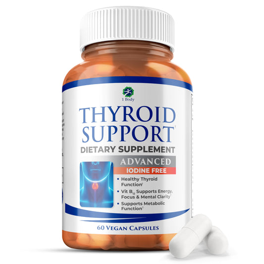 Front view of 60-count iodine-free Body Thyroid Support supplement bottle