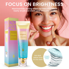 Close-up of whitening toothpaste on toothbrush showing bright smile