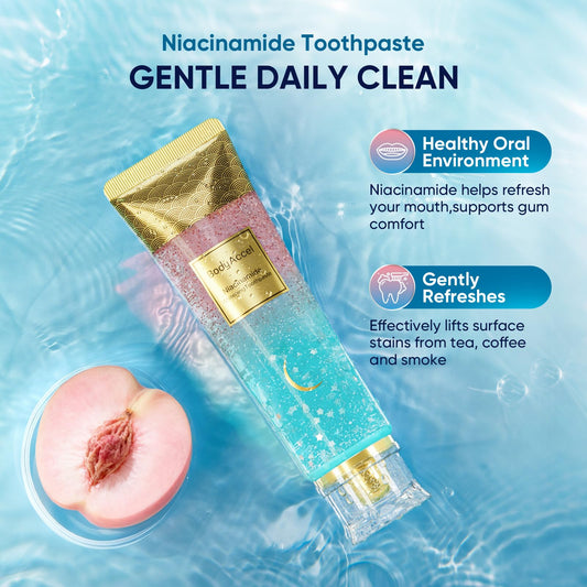 Close-up of Niacinamide toothpaste tube with peach flavor label