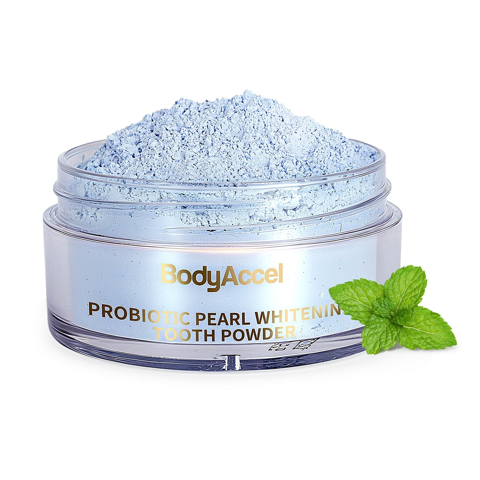 BodyAccel Probiotic Pearl Teeth Whitening Powder packaging on white background