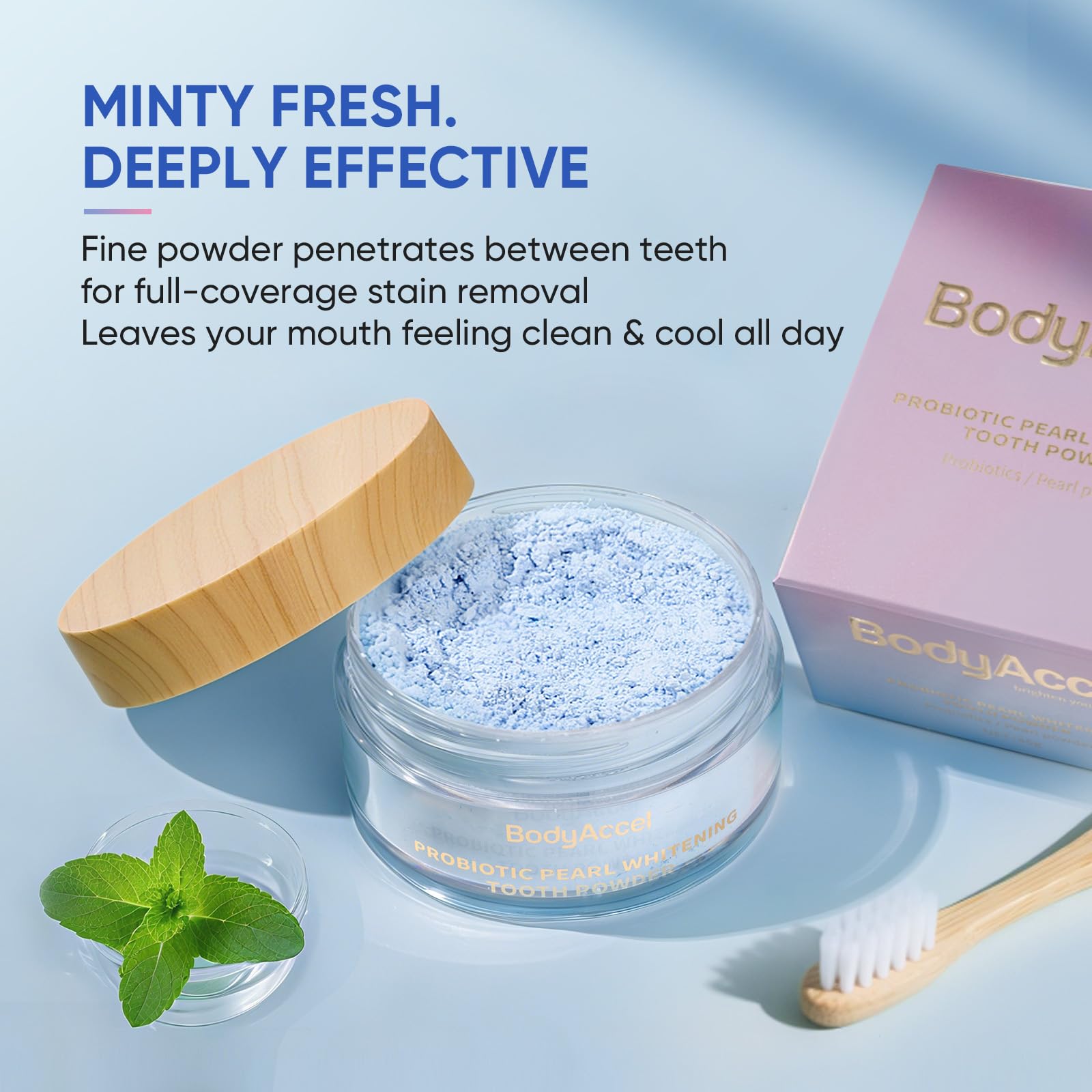 Probiotic whitening powder with mint profile