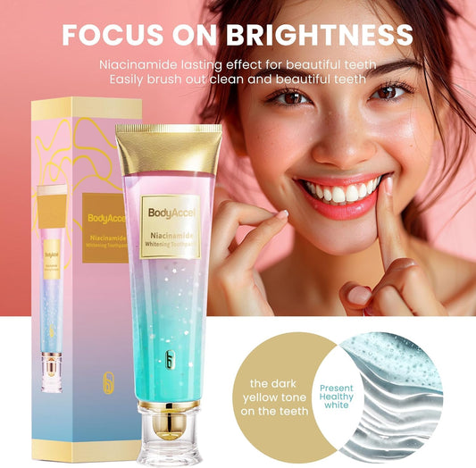 BodyAccel triple whitening toothpaste tubes close-up