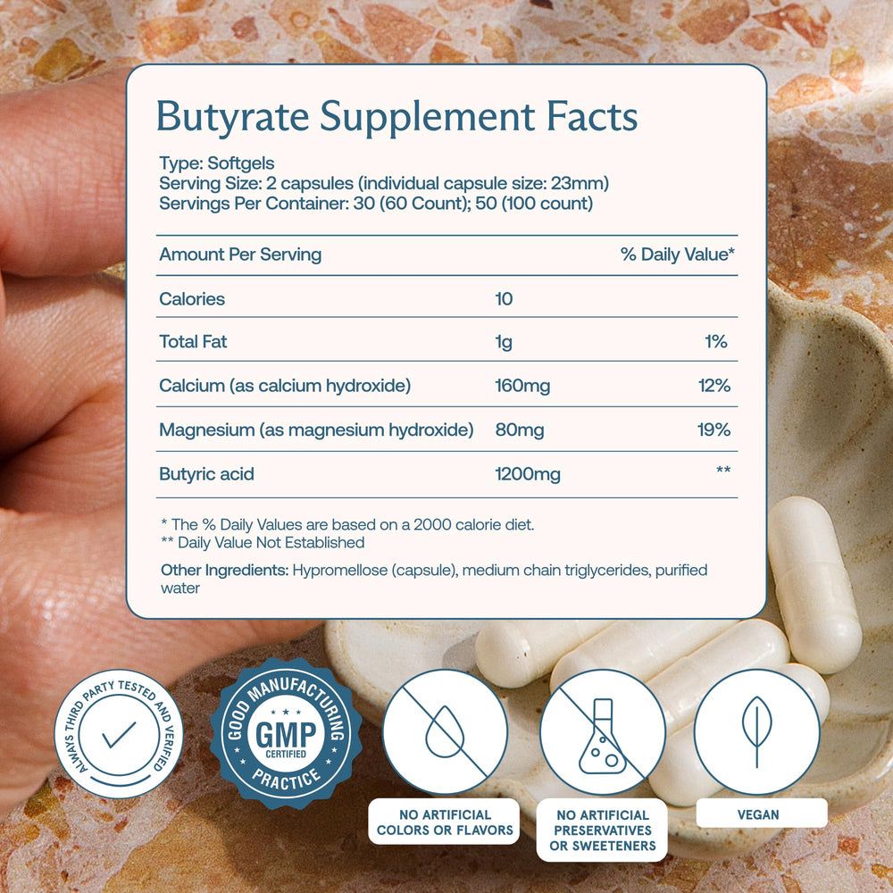 BodyBio Butyrate capsules pack highlighting convenient digestion support