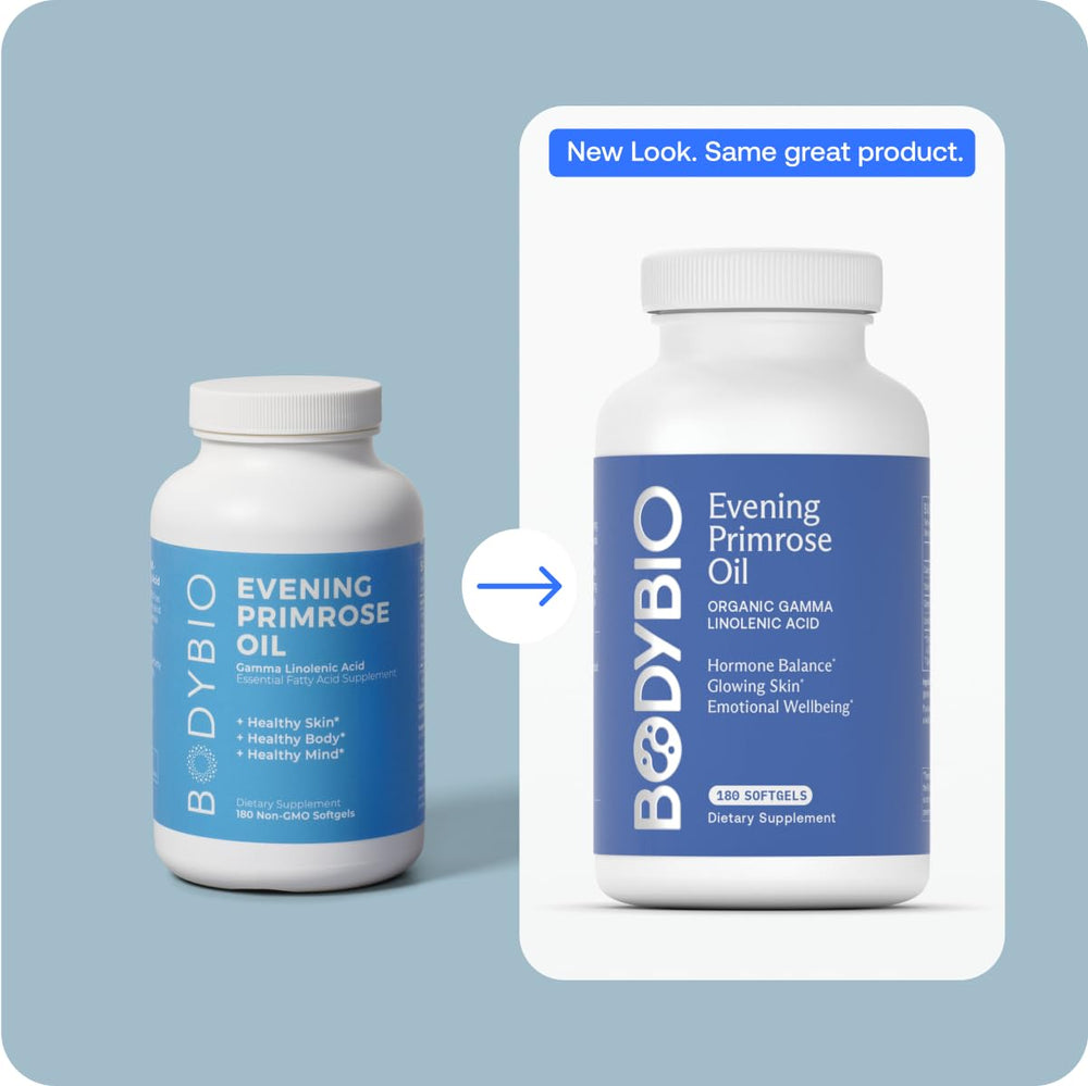 Non-GMO label on BodyBio Evening Primrose Oil bottle