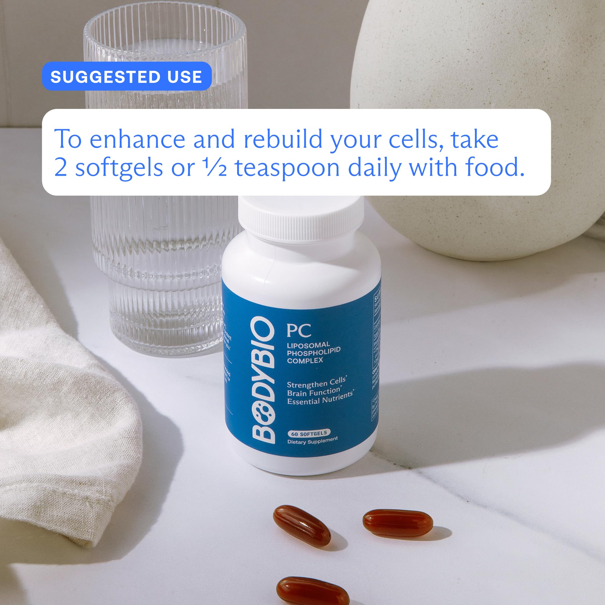 BodyBio PC capsules arranged in a row