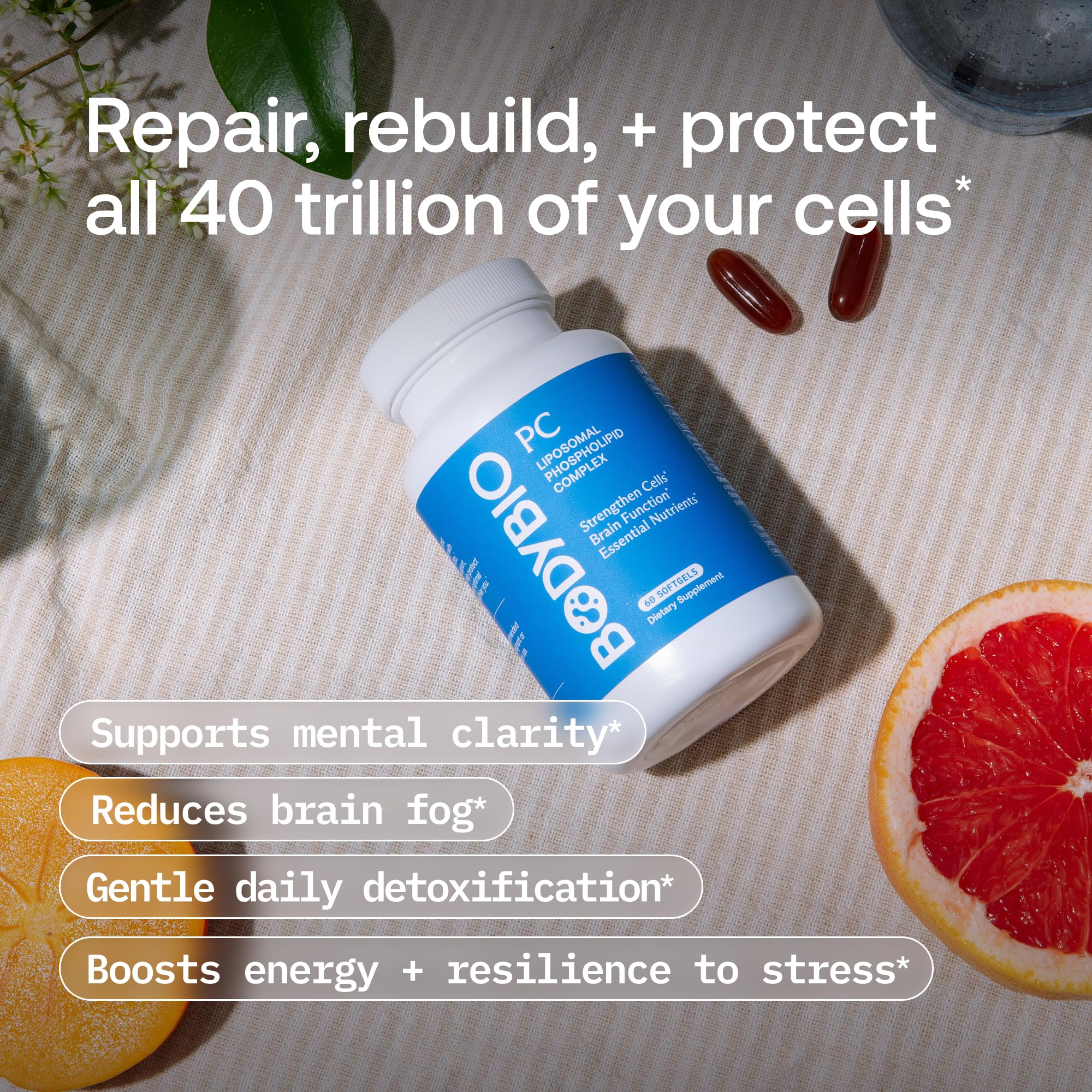 BodyBio PC label closeup highlights phospholipids for membrane support.