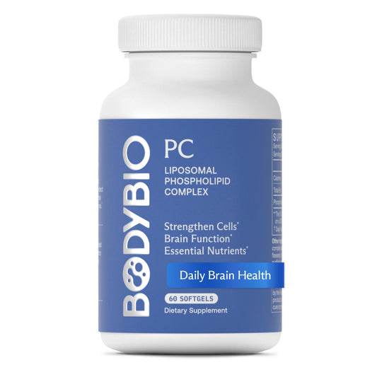 Bottle and label of BodyBio PC phosphatidylcholine supplement