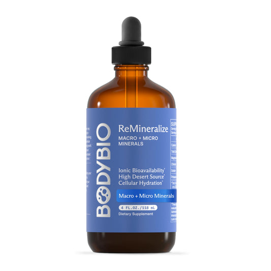 BodyBio ReMineralize bottle with label on white background
