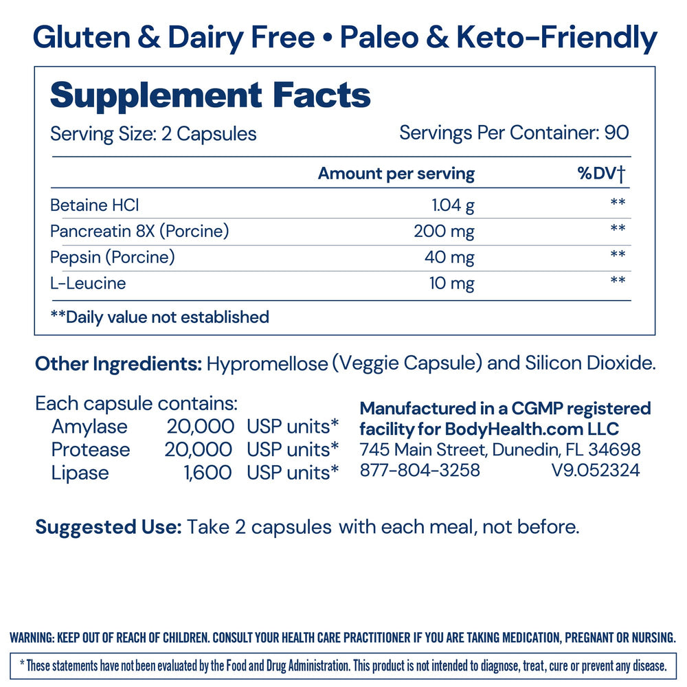 Label showing Betaine, Pepsin and Pancreatin enzyme blend with probiotics