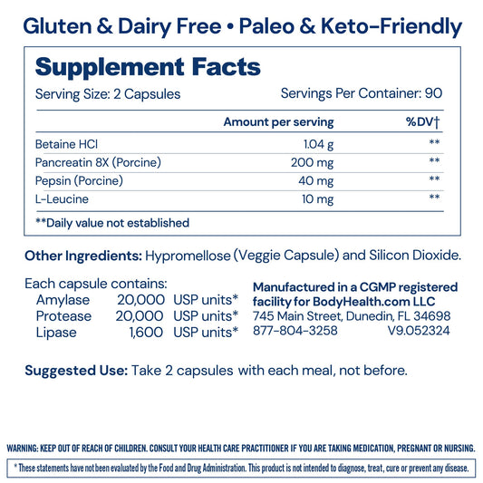 Label showing Betaine, Pepsin and Pancreatin enzyme blend with probiotics