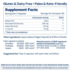 Label showing Betaine, Pepsin and Pancreatin enzyme blend with probiotics