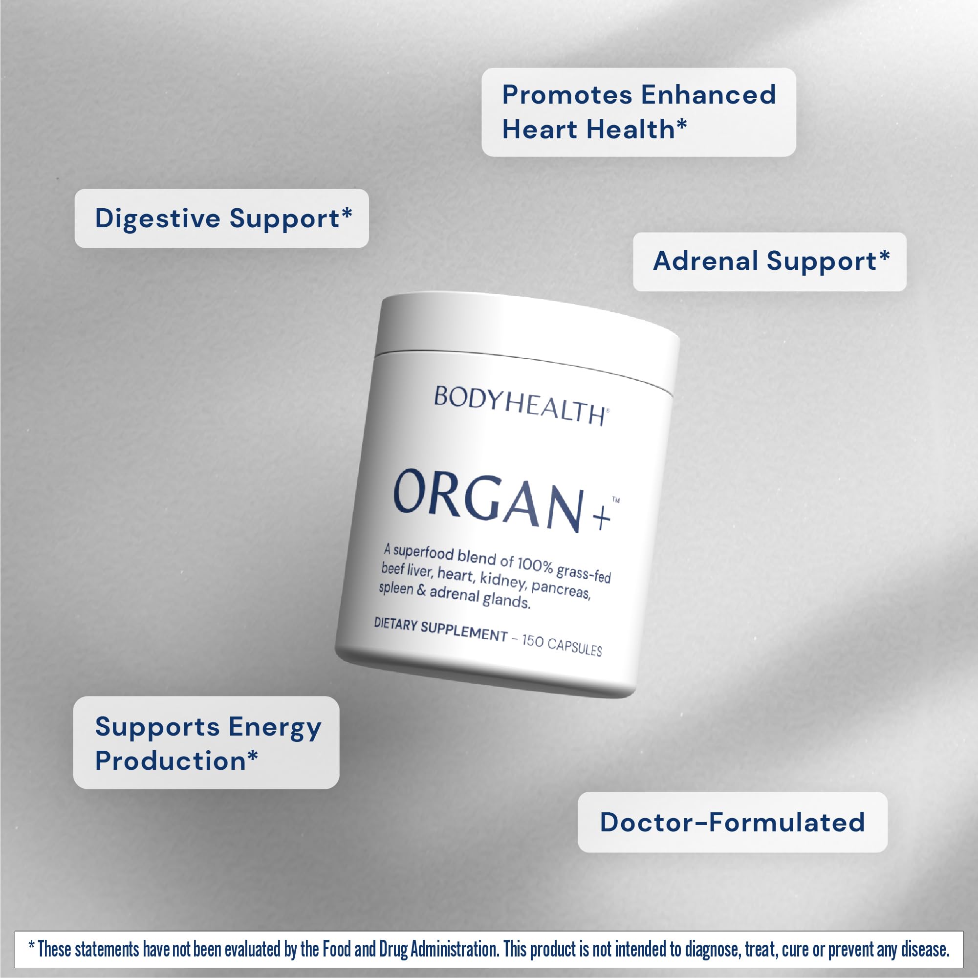 Capsules poured from bottle showing dessicated organ blend