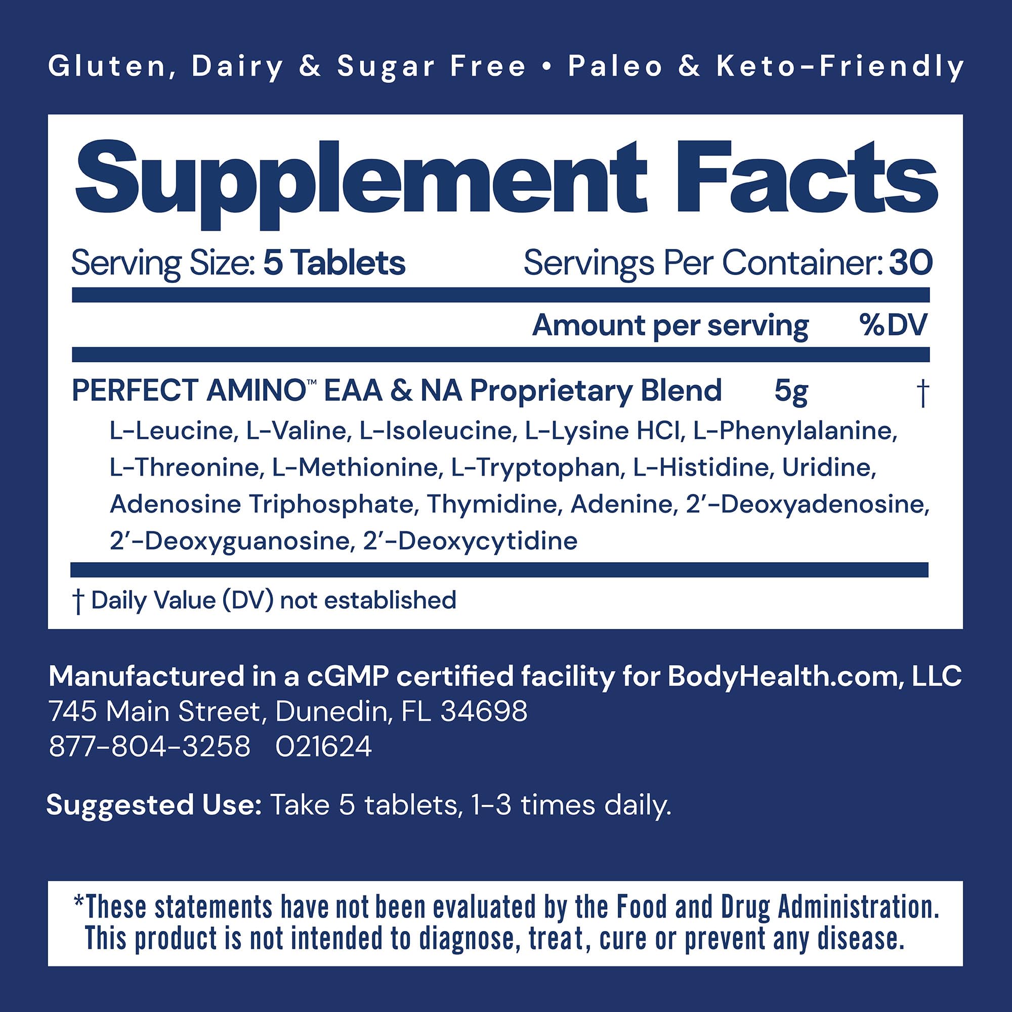 Close-up of BodyHealth PerfectAmino Tablets label