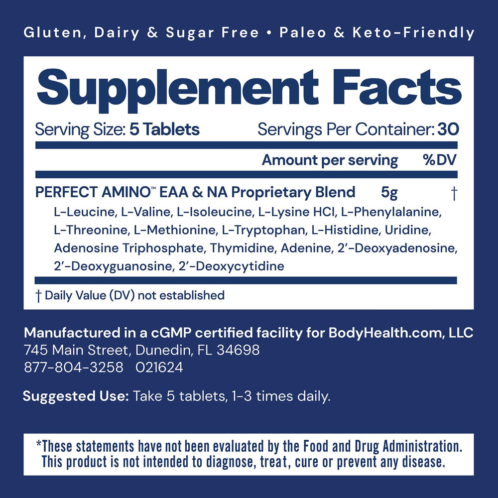 BodyHealth PerfectAmino bottle closeup highlighting vegan essential amino acids for workouts.