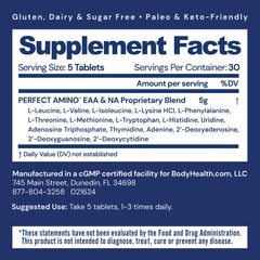 BodyHealth PerfectAmino bottle closeup highlighting vegan essential amino acids for workouts.