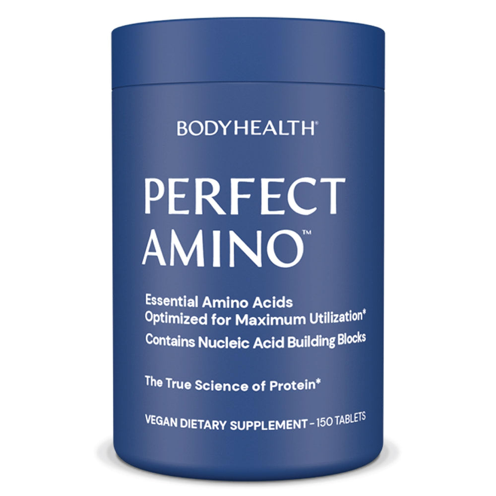 BodyHealth PerfectAmino tablets in packaging support recovery and lean muscle maintenance.
