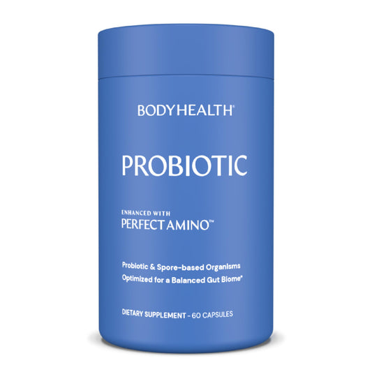 Front view of BodyHealth Probiotic with PerfectAmino 60 capsules bottle