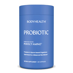 Front view of BodyHealth Probiotic with PerfectAmino 60 capsules bottle