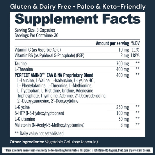 Close-up of BodyHealth Sleep Aid capsules with Melatonin and PerfectAmino ingredients