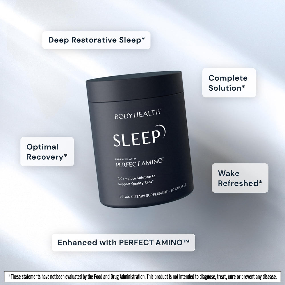 Nighttime scene featuring a glass of water and BodyHealth Sleep Aid bottle