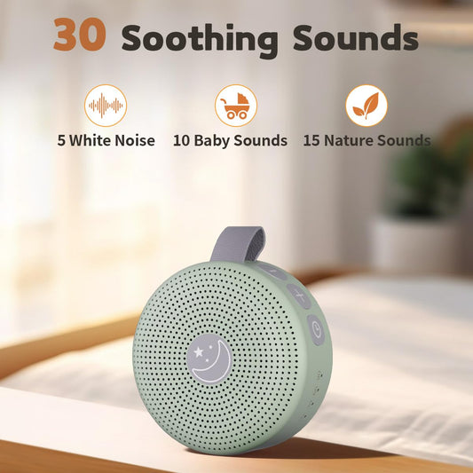 BodyHush mini sound machine clip-attachment close-up highlights travel privacy use.