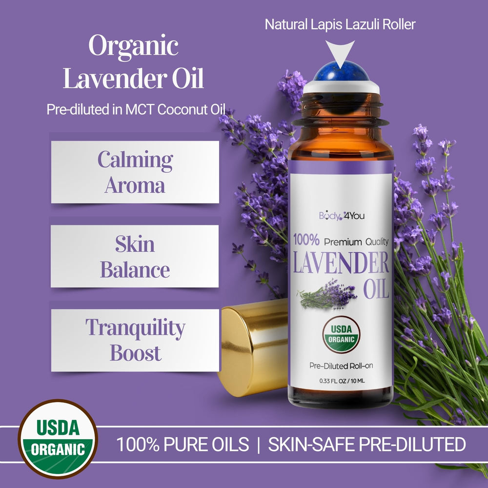 Close-up of lavender essential oil on amethyst roller