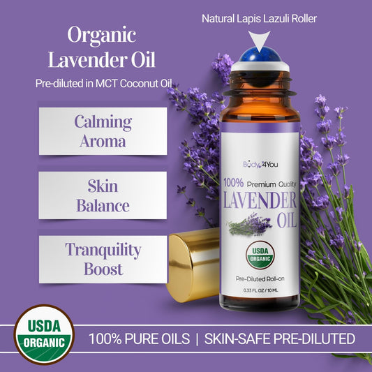 Close-up of lavender essential oil on amethyst roller