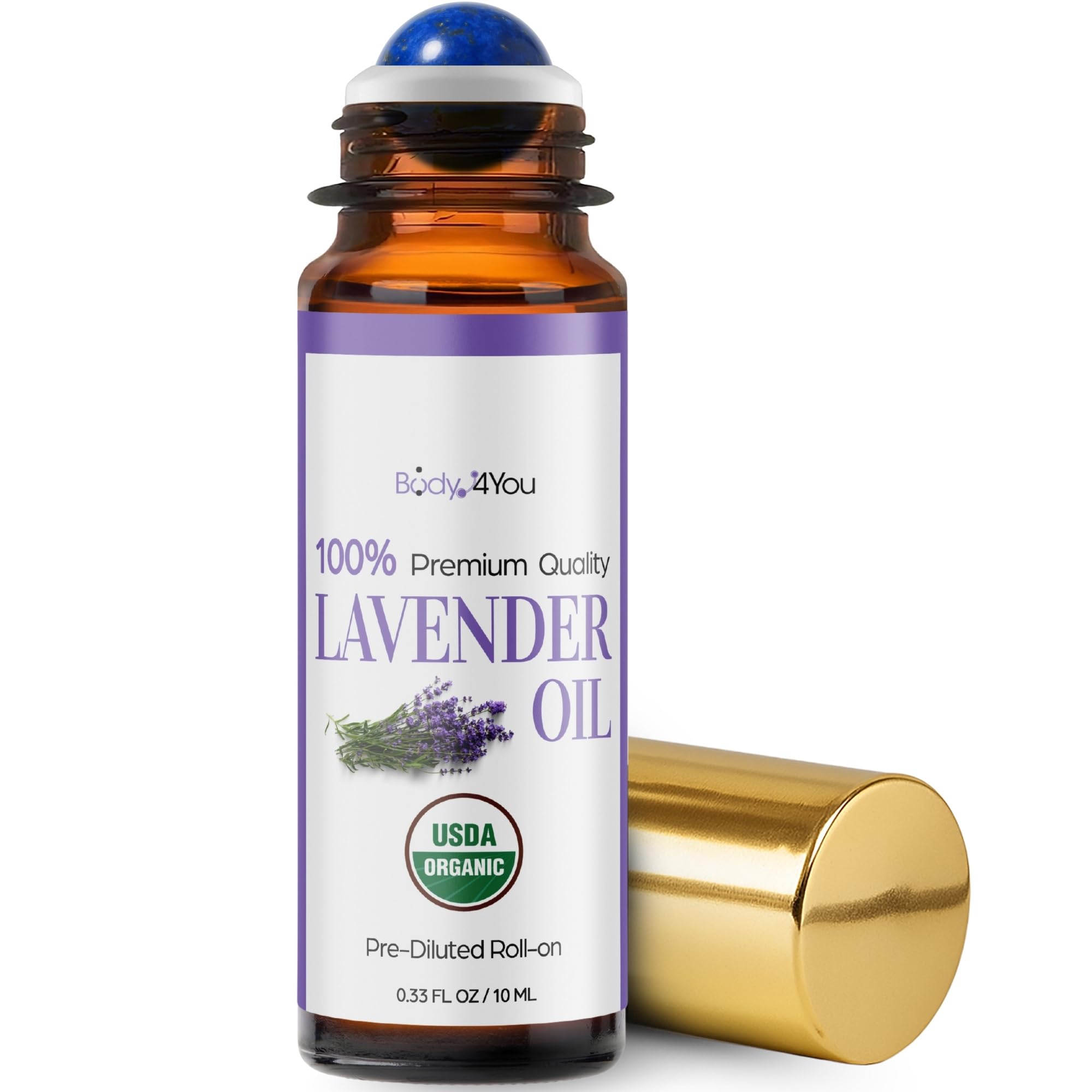 BodyJ4You Lavender Roll-On bottle with amber glass and amethyst stone roller cap