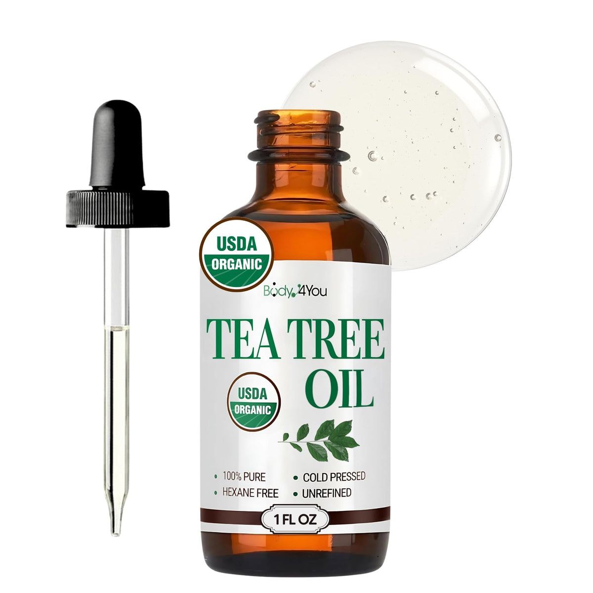 BodyJ4You Tea Tree Oil 1 oz amber glass bottle