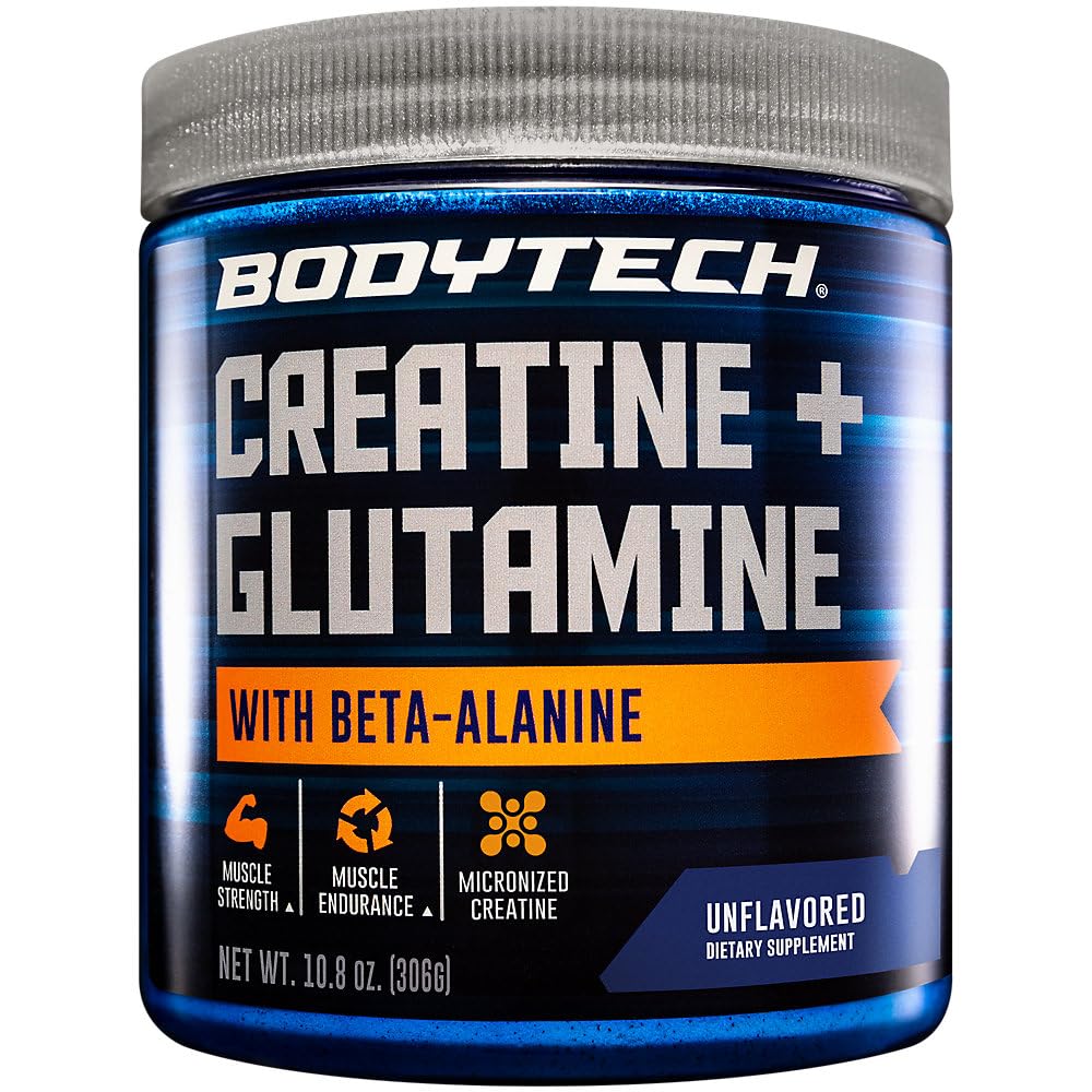 Nutrition facts panel for BODYTECH Creatine + Glutamine with Beta-Alanine