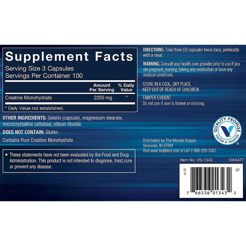 BodyTech Creatine Monohydrate Capsules pouring for on-the-go energy and workouts.