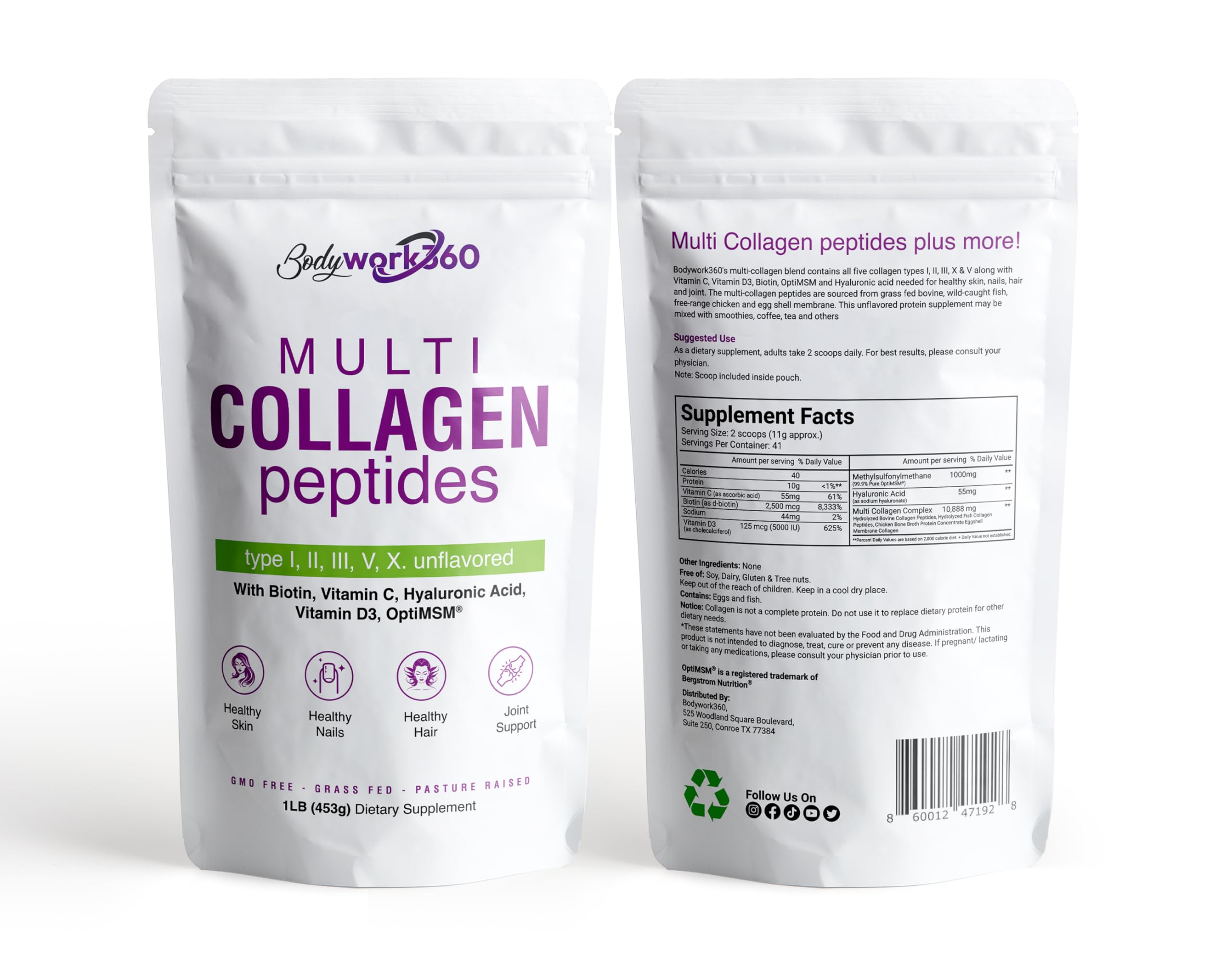 BODYWORK360 Multi Collagen Peptides Powder Unflavored bottle front