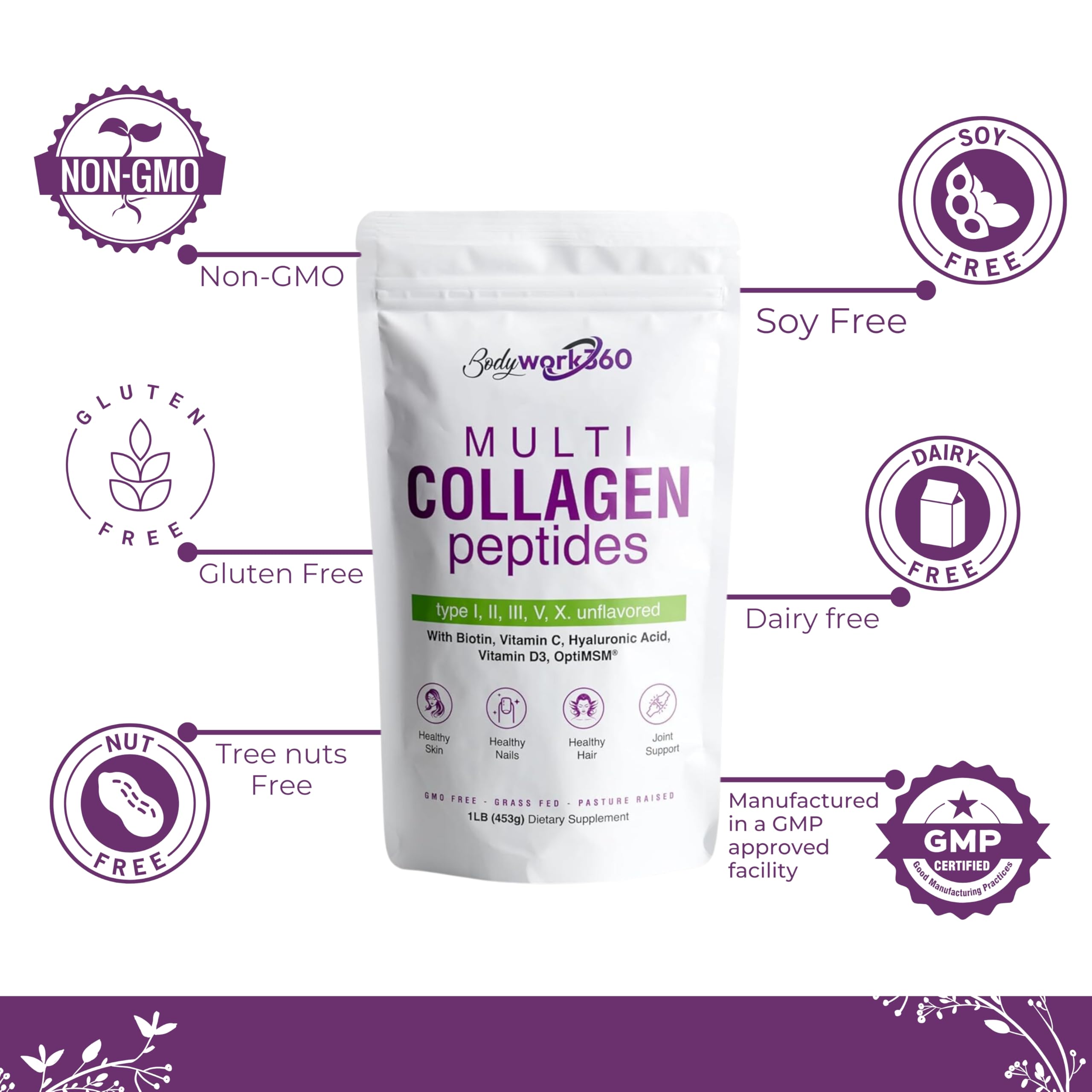 Packaging icons: Non-GMO, Soy Free, Gluten Free, Dairy Free, Nut Free
