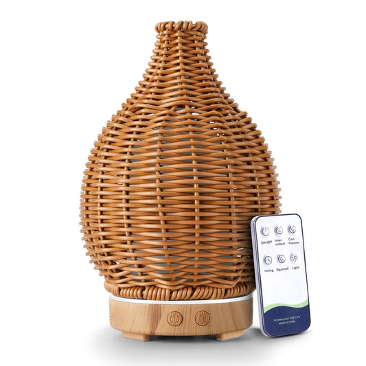 Boho diffuser with remote on a wooden surface