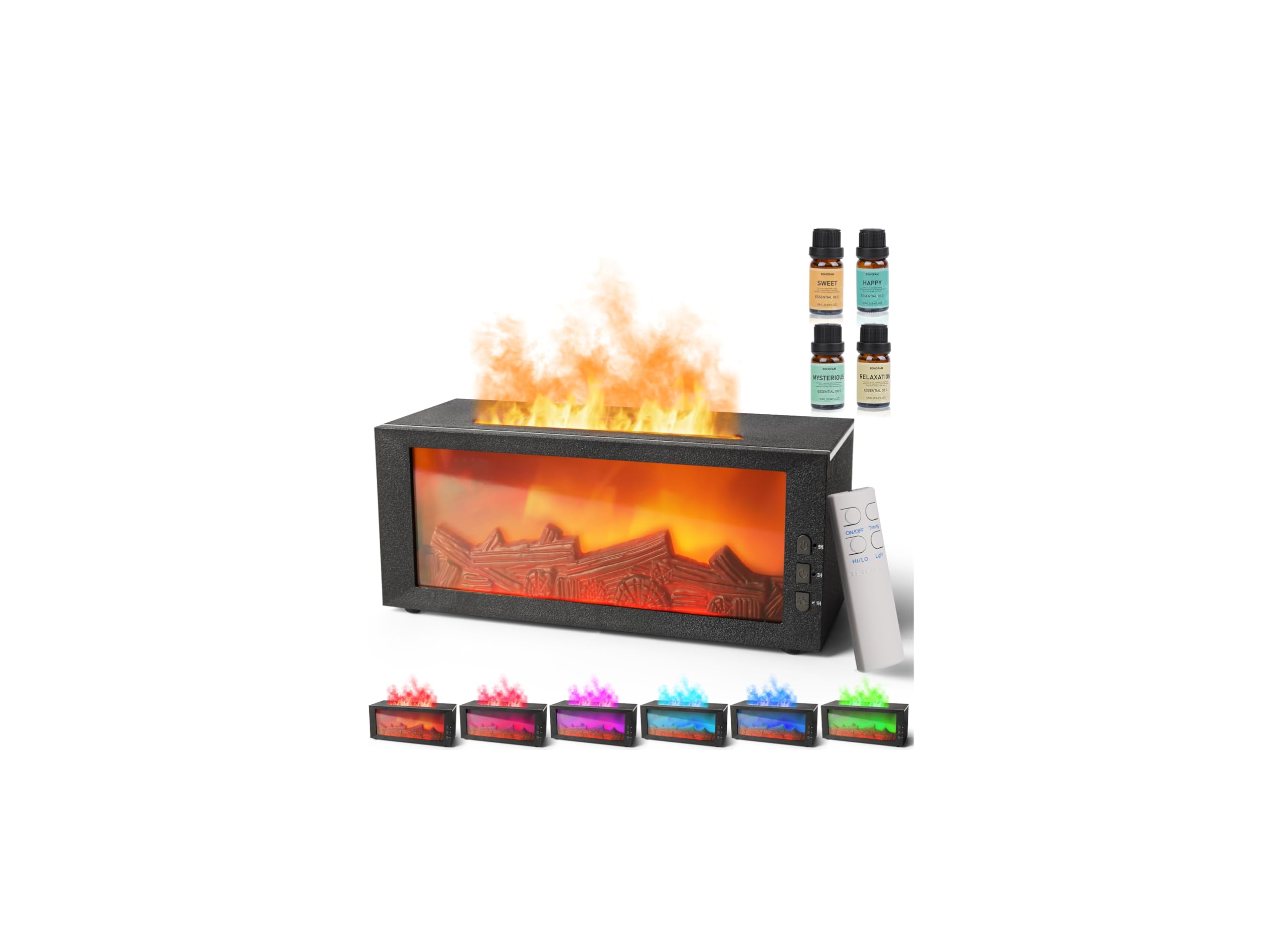 BOHOFAM fireplace-style essential oil diffuser in black, front view