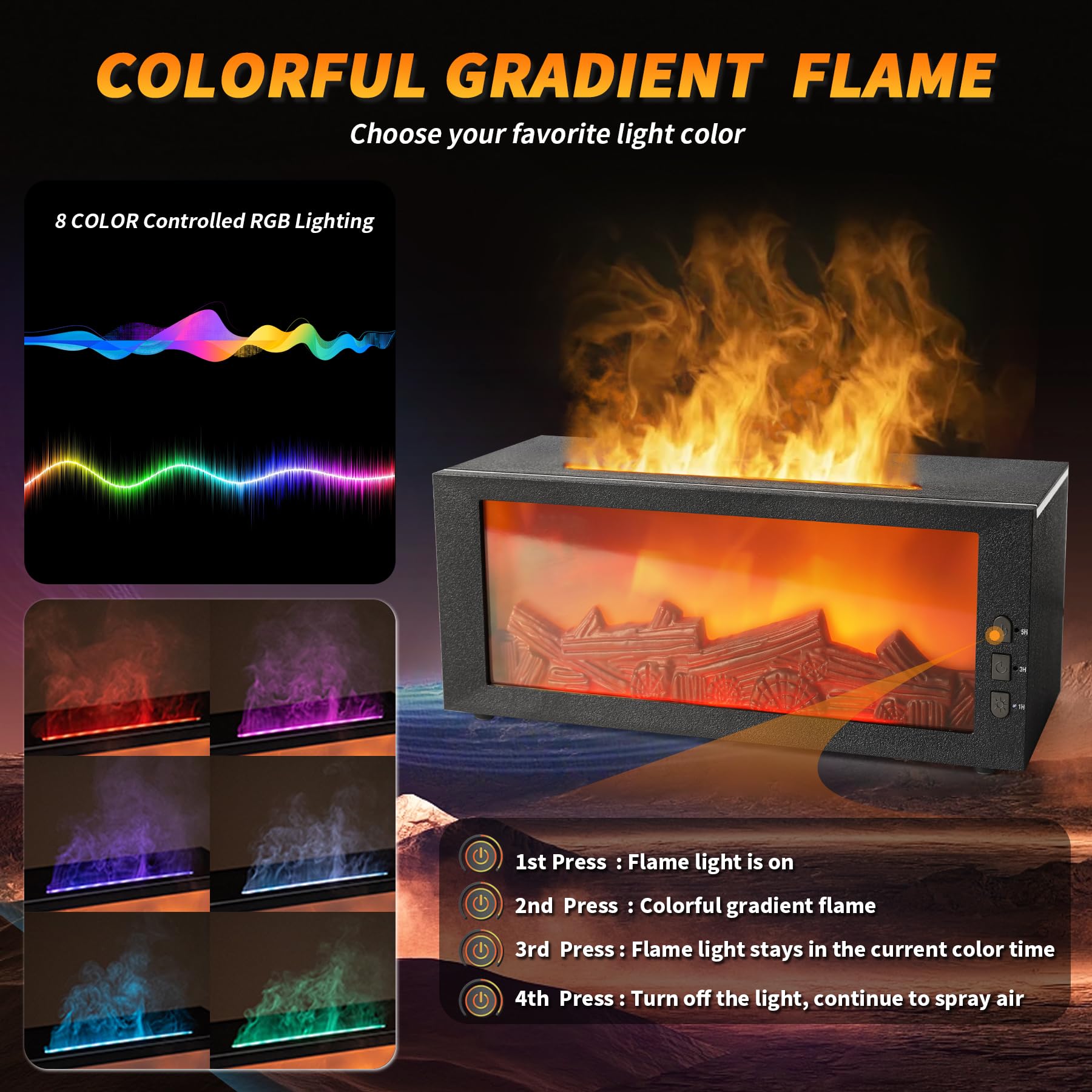 Colorful flame lights and aroma mist from BOHOFAM diffuser