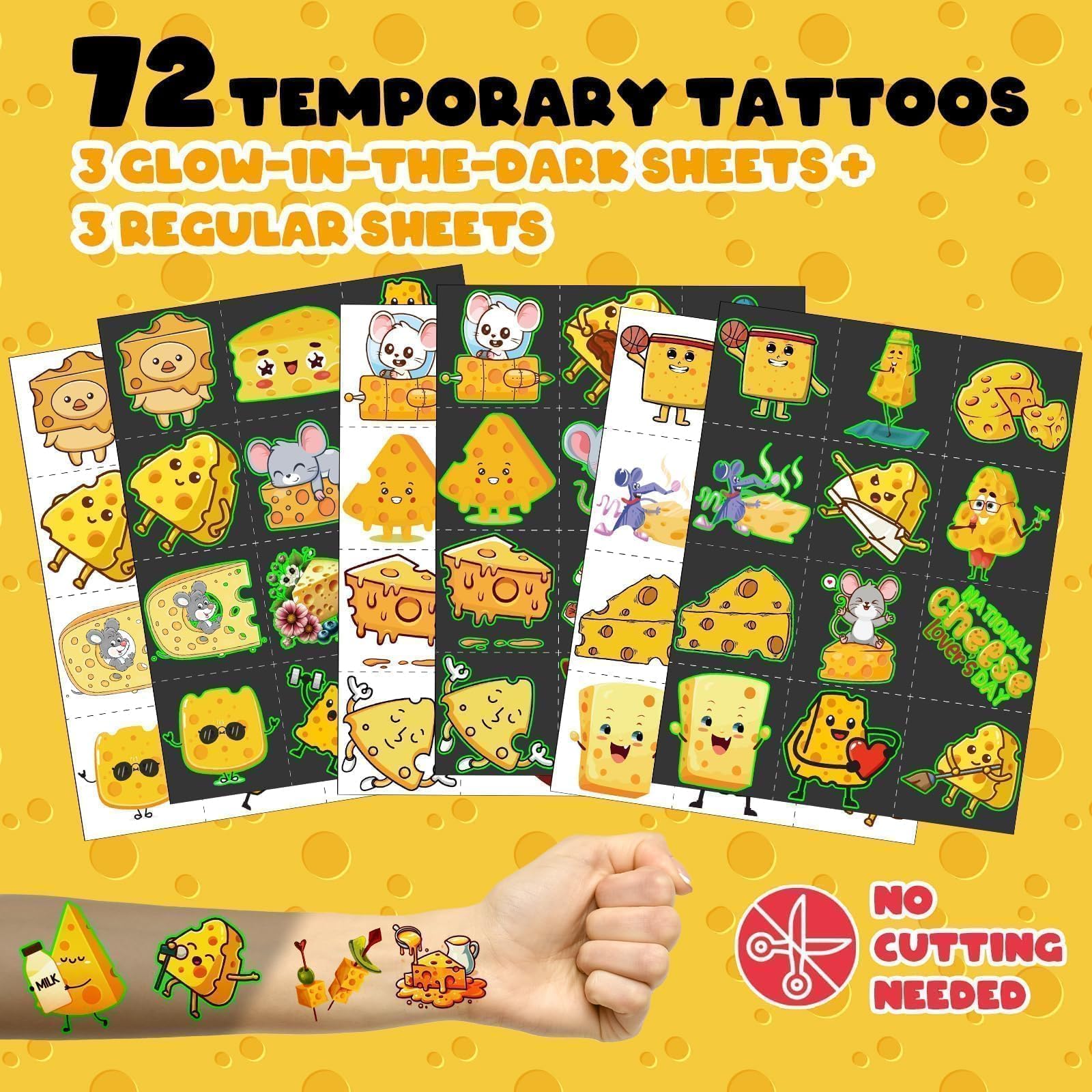 BOIKOKY cheese-pattern tattoos showcase melted cheese and mice for playful themes.