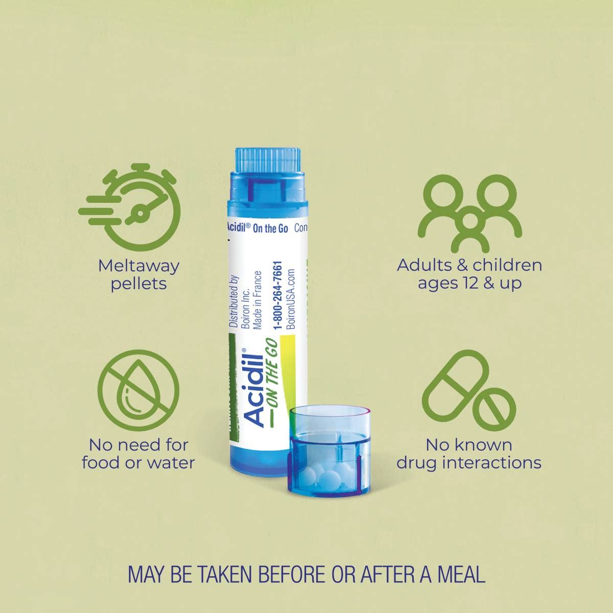 Boiron Acidil On the Go travel-pack shows discreet, meal-ready relief anywhere.