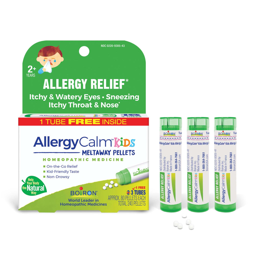 Boiron AllergyCalm Kids pellets on tongue offer easy, on-the-go relief.