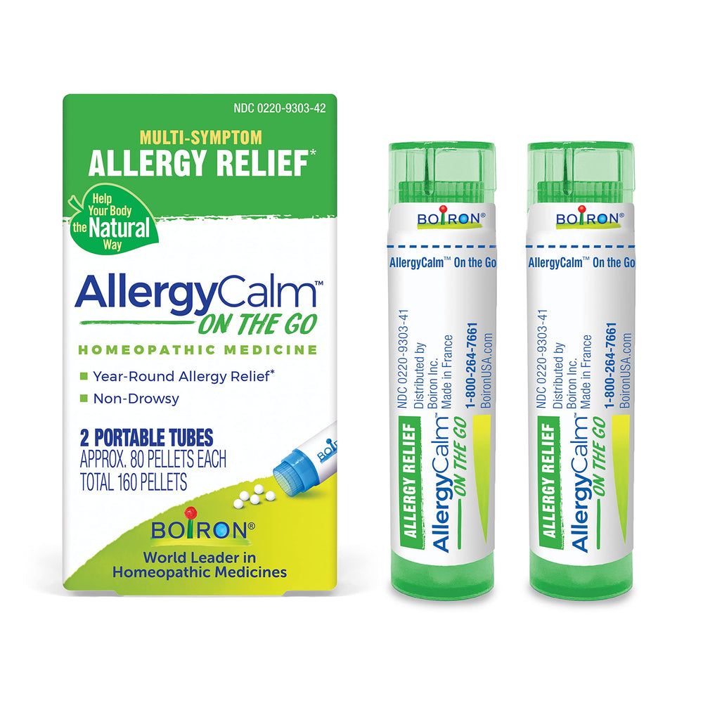 Boiron AllergyCalm on-the-go tube showing portable allergy relief image